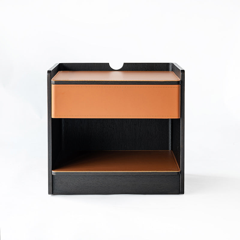 Table de chevet contemporaine en cuir avec bord courbé - Rangement ouvert, 1 tiroir, pour chambre à coucher 