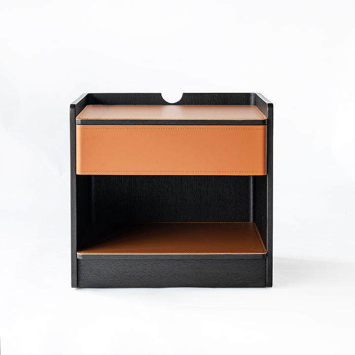 Table de chevet contemporaine en cuir avec bord courbé - Rangement ouvert, 1 tiroir, pour chambre à coucher 