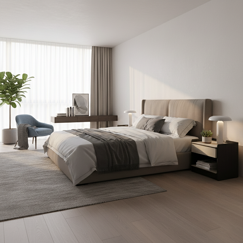 Table de chevet contemporaine en cuir avec bord courbé - Rangement ouvert, 1 tiroir, pour chambre à coucher 