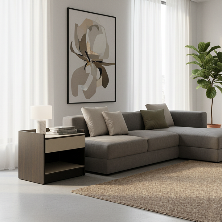 Table de chevet contemporaine en cuir avec bord courbé - Rangement ouvert, 1 tiroir, pour chambre à coucher 