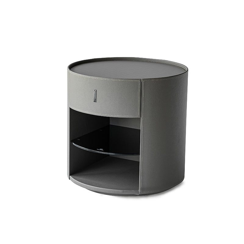 Table de chevet ronde contemporaine - table de nuit à 1 tiroir en cuir microfibre pour chambre à coucher 