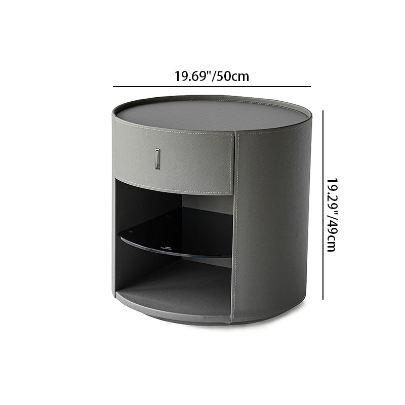 Table de chevet ronde contemporaine - table de nuit à 1 tiroir en cuir microfibre pour chambre à coucher 