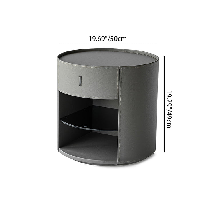 Contemporary Circular Round Bedside Table - Microfiber Leather 1 Drawer Nightstand For Bedroom