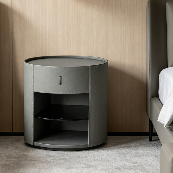 Table de chevet ronde contemporaine - table de nuit à 1 tiroir en cuir microfibre pour chambre à coucher 