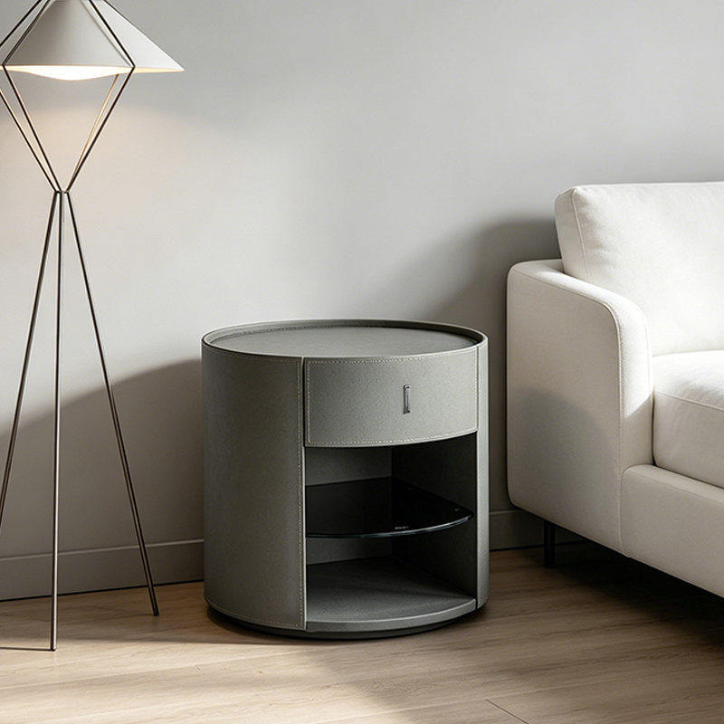 Table de chevet ronde contemporaine - table de nuit à 1 tiroir en cuir microfibre pour chambre à coucher 