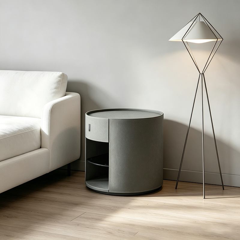 Table de chevet ronde contemporaine - table de nuit à 1 tiroir en cuir microfibre pour chambre à coucher 