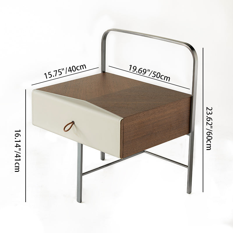 Contemporary Creative Saddle-Style Faux Leather Bedside Table - Square Metal Frame 1 Drawer Nightstand For Bedroom