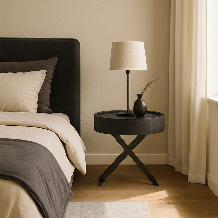 Contemporary Sculptural X-Metal Base Bedside Table - Round 1 Drawer Nightstand For Bedroom