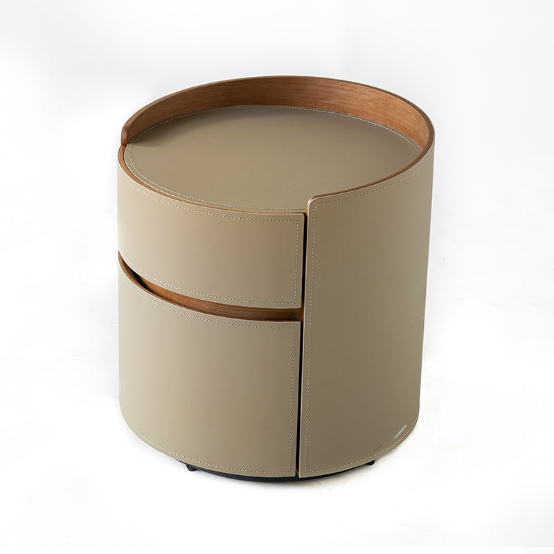 Traditional Chinese Saddle-Style Faux Leather Round Bedside Table - 2 Drawers Nightstand For Bedroom