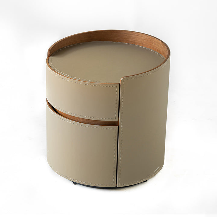 Traditional Chinese Saddle-Style Faux Leather Round Bedside Table - 2 Drawers Nightstand For Bedroom