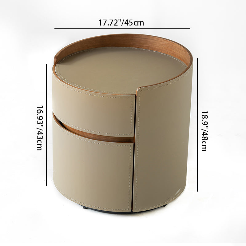 Traditional Chinese Saddle-Style Faux Leather Round Bedside Table - 2 Drawers Nightstand For Bedroom