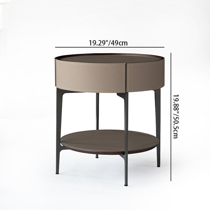 Contemporary Creative Saddle-Style Faux Leather Side Table - Round Metal Legs 1 Drawers Nightstand For Bedroom