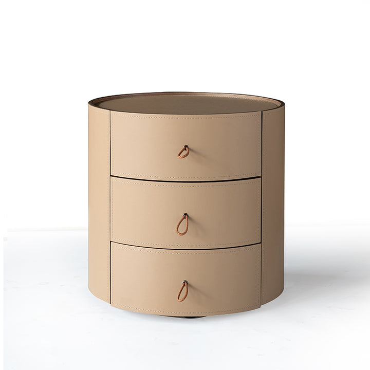 Contemporary Beige Saddle-Style Faux Leather Bedside Table - Cylinder Round 3 Drawers Nightstand For Bedroom