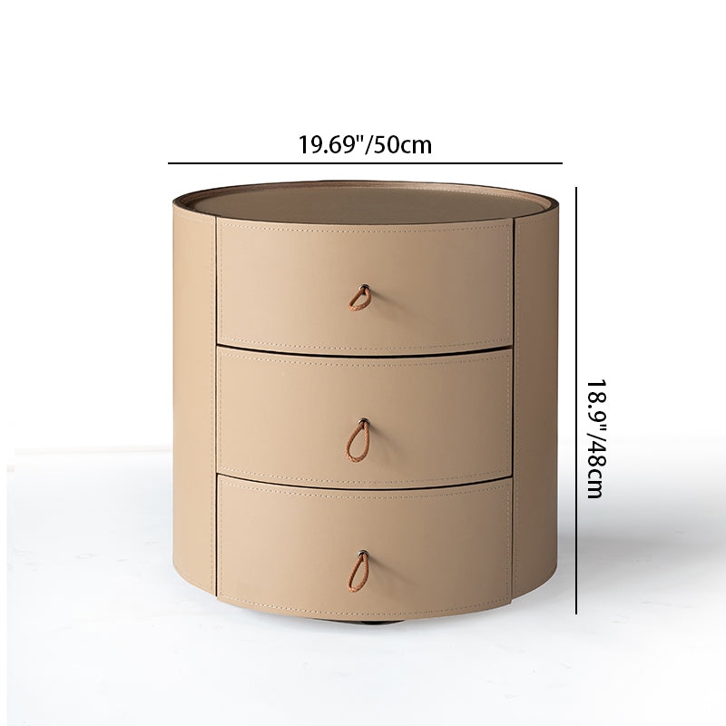 Contemporary Beige Saddle-Style Faux Leather Bedside Table - Cylinder Round 3 Drawers Nightstand For Bedroom