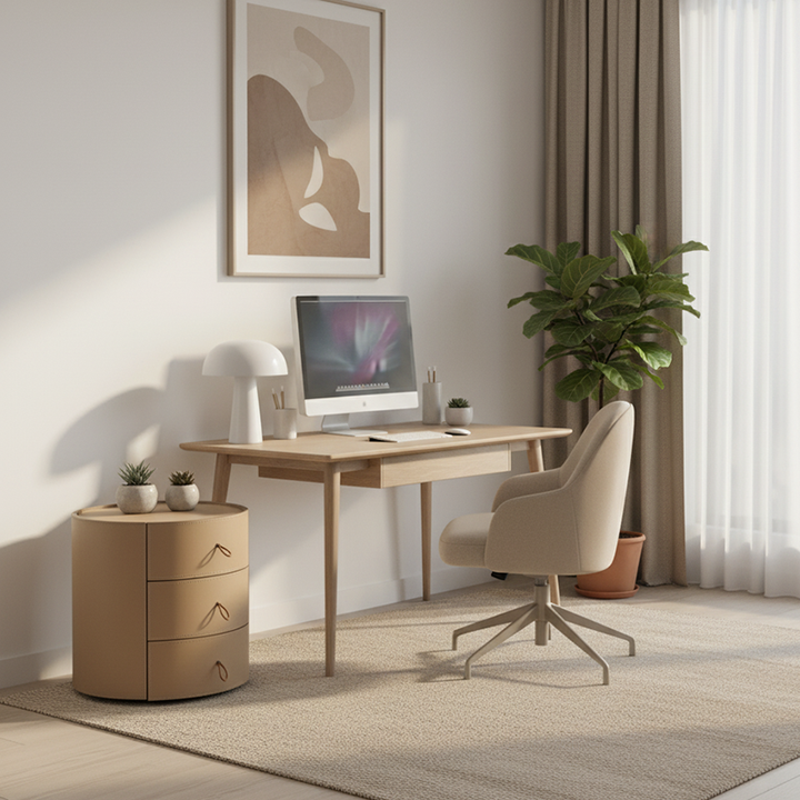 Contemporary Beige Saddle-Style Faux Leather Bedside Table - Cylinder Round 3 Drawers Nightstand For Bedroom