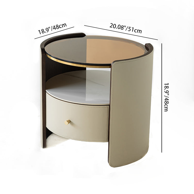 Contemporary Scandinavian Round Floating Side Table - Wrapped Saddle-Style Faux Leather Nightstand 1 Drawer For Bedroom