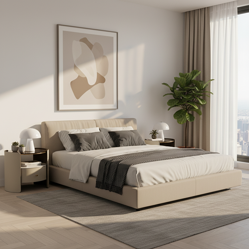 Contemporary Scandinavian Round Floating Side Table - Wrapped Saddle-Style Faux Leather Nightstand 1 Drawer For Bedroom