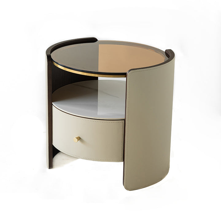 Contemporary Scandinavian Round Floating Side Table - Wrapped Saddle-Style Faux Leather Nightstand 1 Drawer For Bedroom