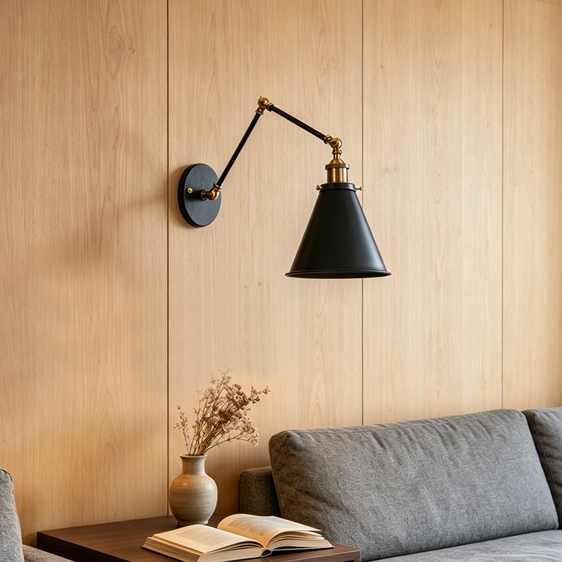 Zeitgenössische industrielle 1-flammige Wandleuchte mit Schwenkarm aus Aluminium, Zink und Eisen in Kegelform für Wohnzimmer &amp; Schlafzimmer 