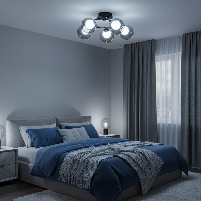 Modern Mid-Century Round Electroplated Glass Stainless Steel Carbon Steel 5-Light Semi-Flush Mount Ceiling Light For Living Room