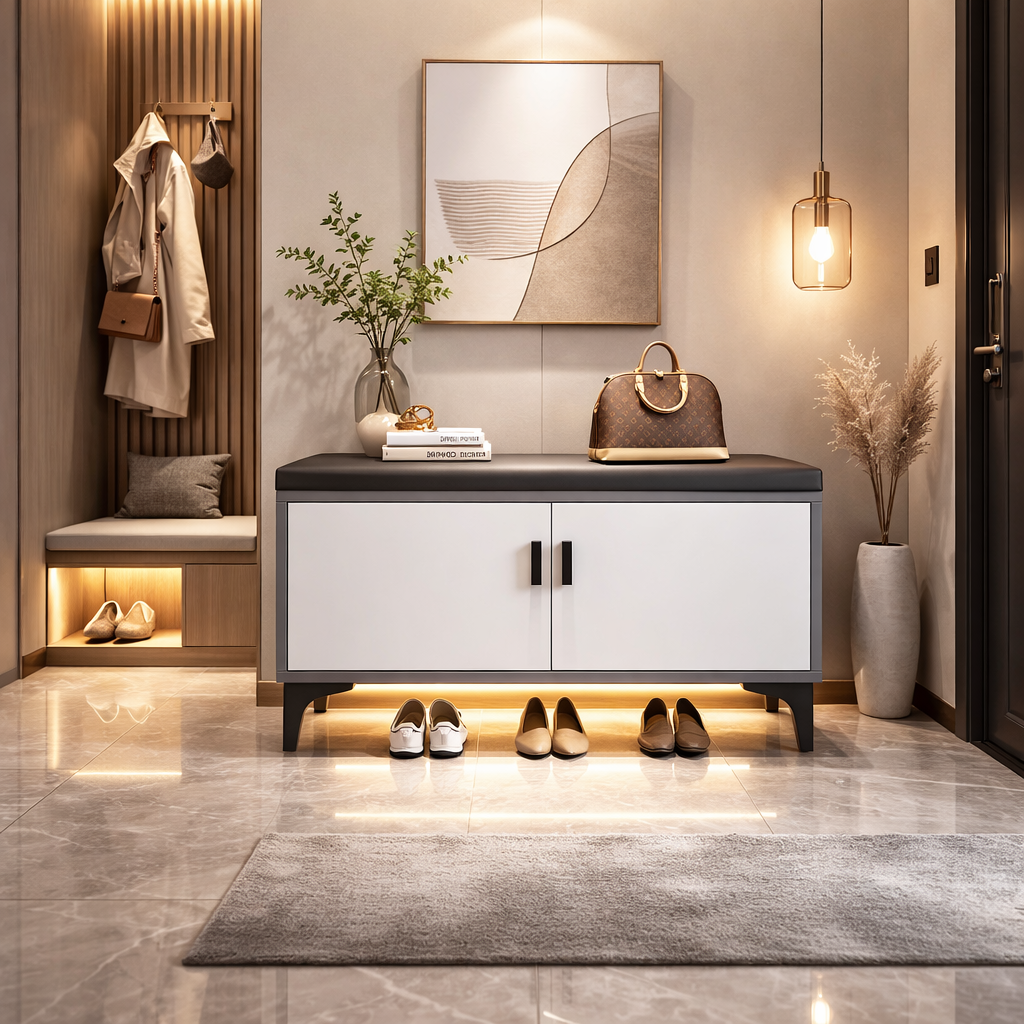 Banco para zapatos moderno minimalista rectangular de MDF con cuero sintético de 3 niveles para la entrada 