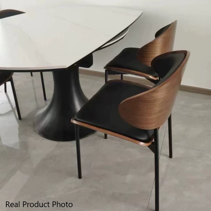 Silla de comedor moderna y minimalista con asiento de panel curvo cuadrado, cuero PU, hierro forjado y respaldo, para comedor 