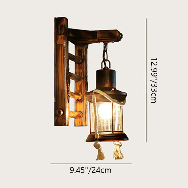 Aplique de pared de 1 luz estilo industrial contemporáneo con lámpara de queroseno, cuerda de cáñamo, base de bambú y cordel de hierro 