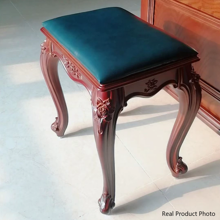 Tabouret bas rectangulaire en résine ABS avec motif sculpté vintage traditionnel, en cuir microfibre velours, pour salon 