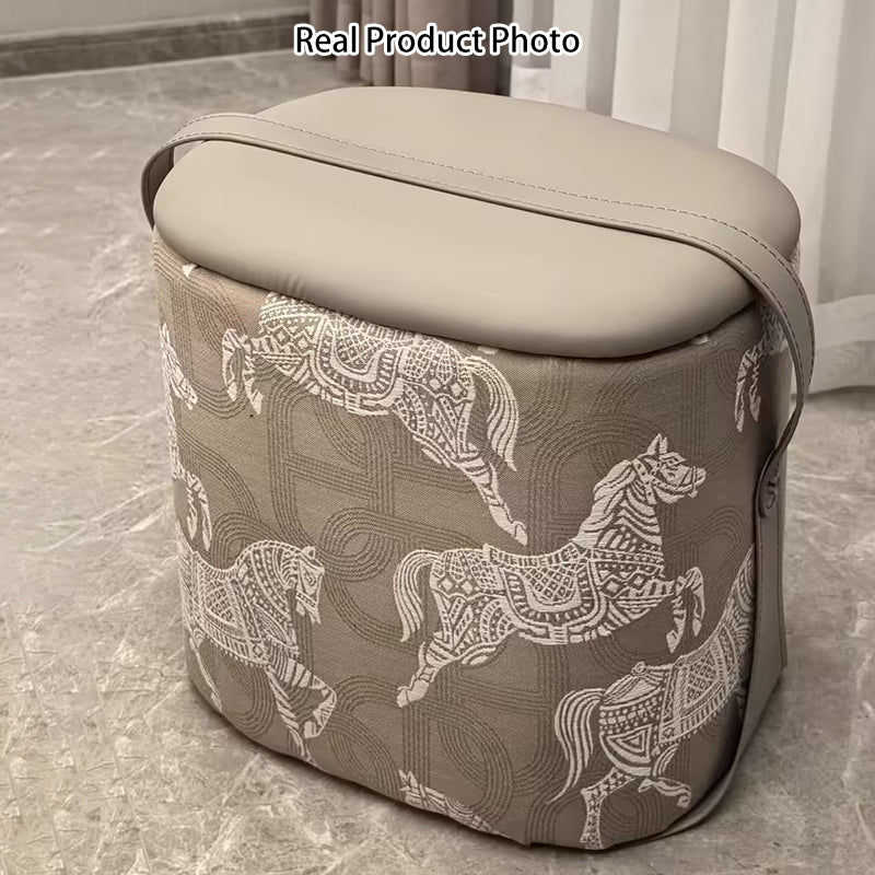 Contemporary Luxury Square Faux Saddle Leather Pouf Footstool For Entryway