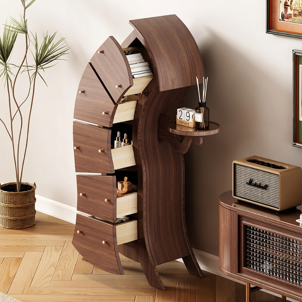 Contemporary Creative Curved Rubberwood End Table 5-Drawer For Living Room
