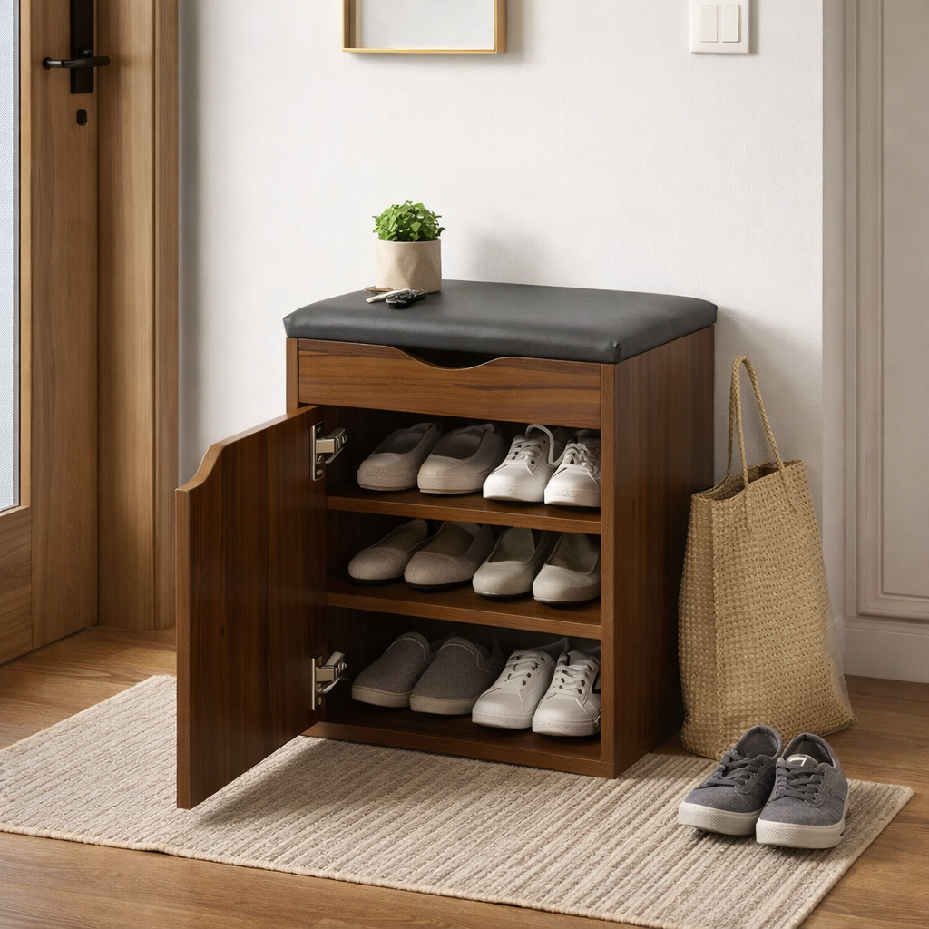 Modern Minimalist Faux Leather Particle Board Rectangular Shoe Bench With 2/3-Tier Storage With Seating For Entryway