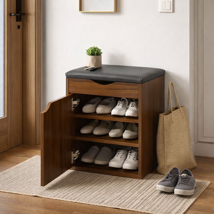 Modern Minimalist Faux Leather Particle Board Rectangular Shoe Bench With 2/3-Tier Storage With Seating For Entryway