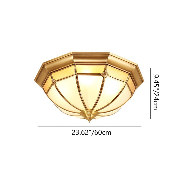 Traditional Chinese Copper Glass Round Flower Pattern 3/4/6 Light Flush Mount Ceiling Light for Living Room