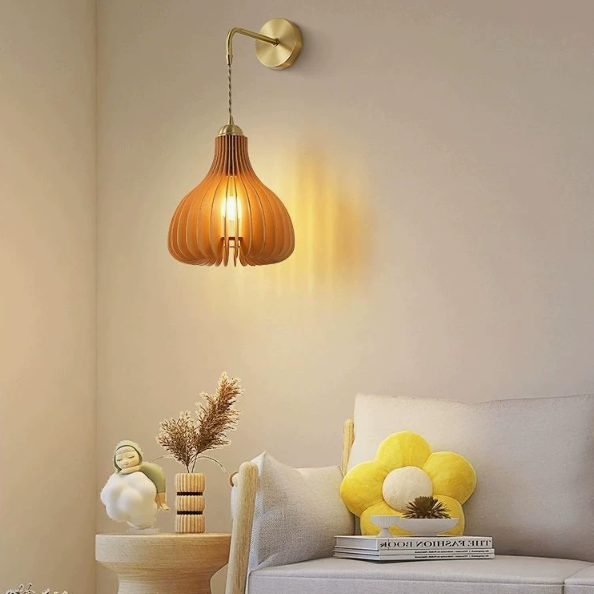Traditional Japanese Onion Head Shape Round Basswood Copper 1-Light Wall Sconce Lamp For Bedroom