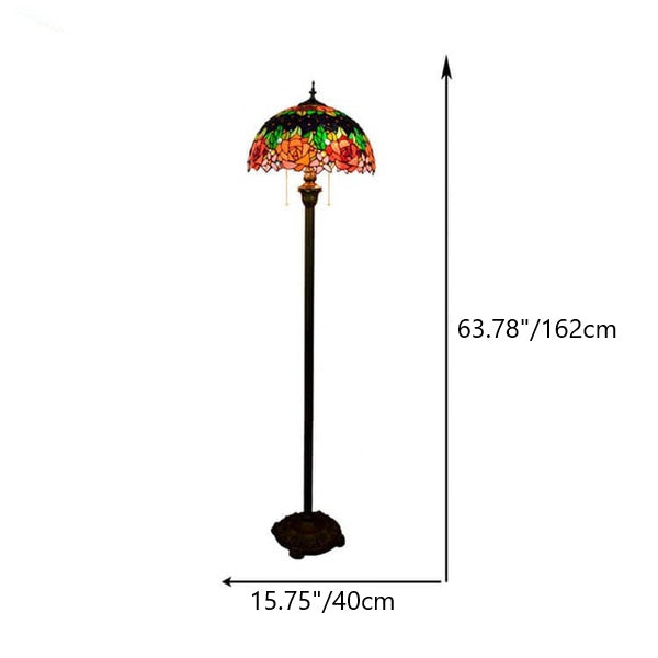 Lámpara de pie tradicional de 2 luces con pantalla redonda tipo cúpula de resina, hierro y vidrio Tiffany con rosas para sala de estar 