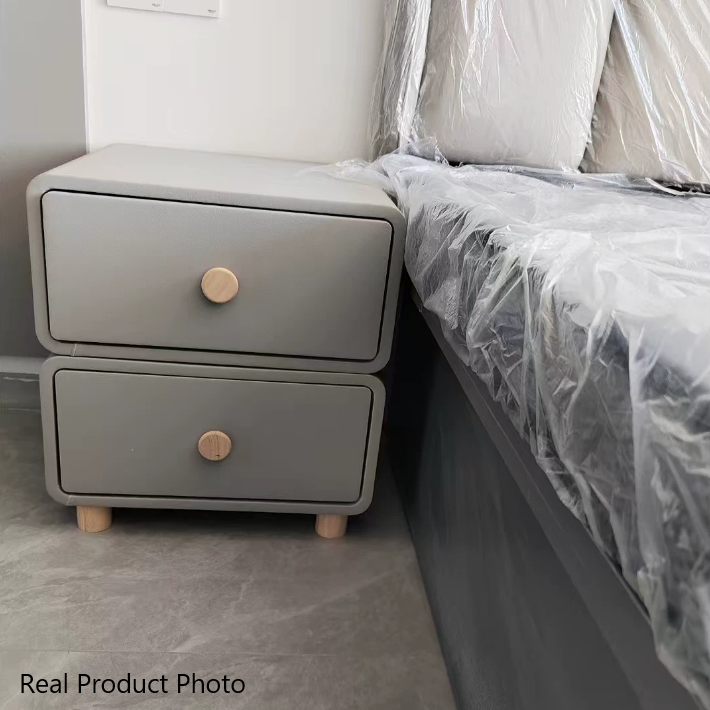 Table de chevet moderne minimaliste en faux cuir et bois massif arrondi avec 2 tiroirs pour chambre 