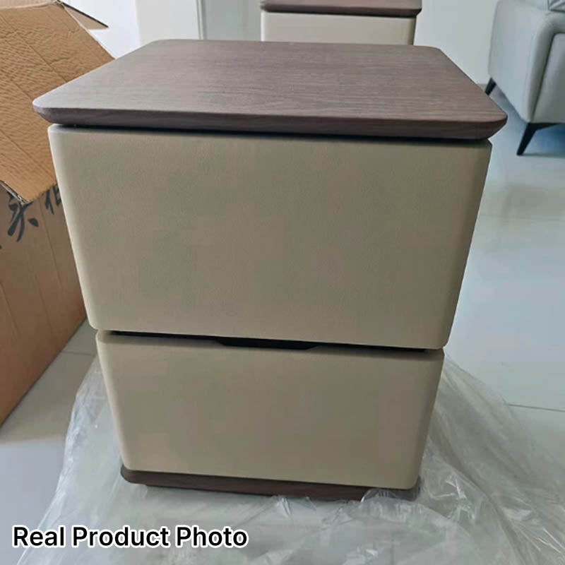 Contemporary Nordic Pine Wood Plywood Faux Leather Rectangular Nightstand With 2 Drawers For Bedroom