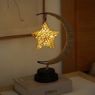 Modern Decorative Moon Orb Stars Iron Plastic Rattan Battery USB Table Lamp