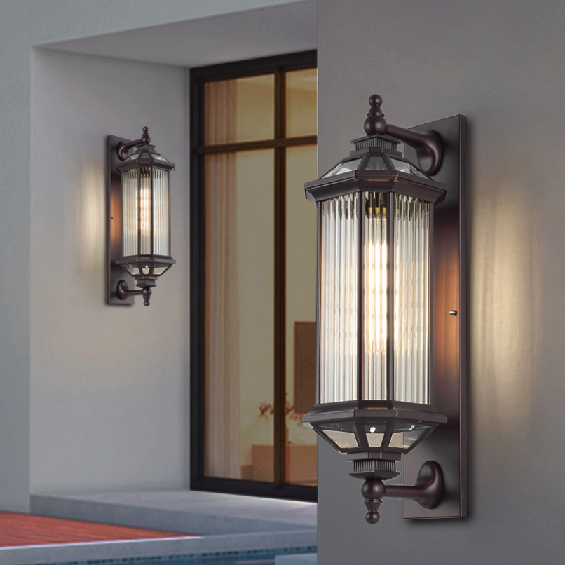 Traditionelle Vintage achteckige quadratische wasserdichte Glas-Aluminium-1-Licht-Wandleuchte Lampe für Terrasse im Freien 