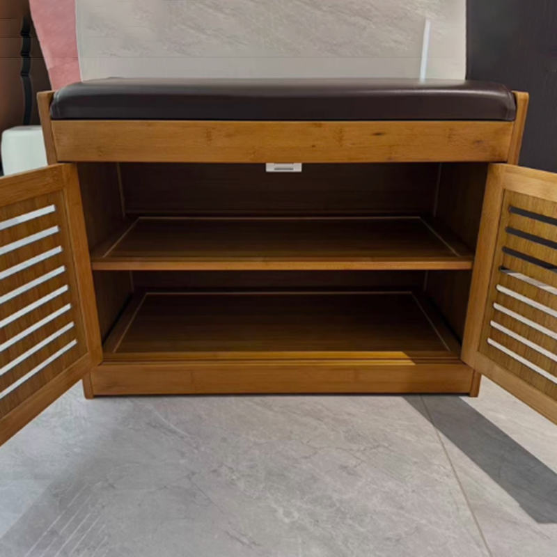 Modern Minimalist Rectangular Bamboo Faux Leather Shoe Bench 2/3/4-Cabinet For Entryway