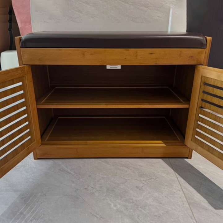 Modern Minimalist Rectangular Bamboo Faux Leather Shoe Bench 2/3/4-Cabinet For Entryway