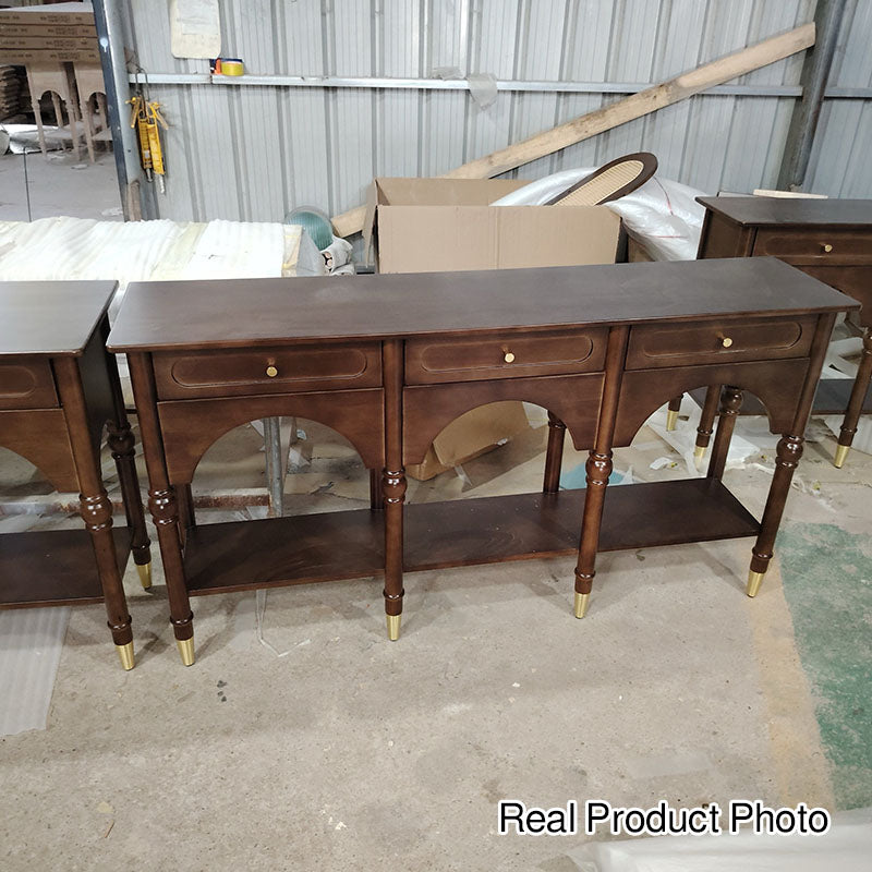Traditional French Rubberwood Metal Plywood Arched Roman Column Console Table With 3 Drawers &amp; 2-Tier Storage For Entryway