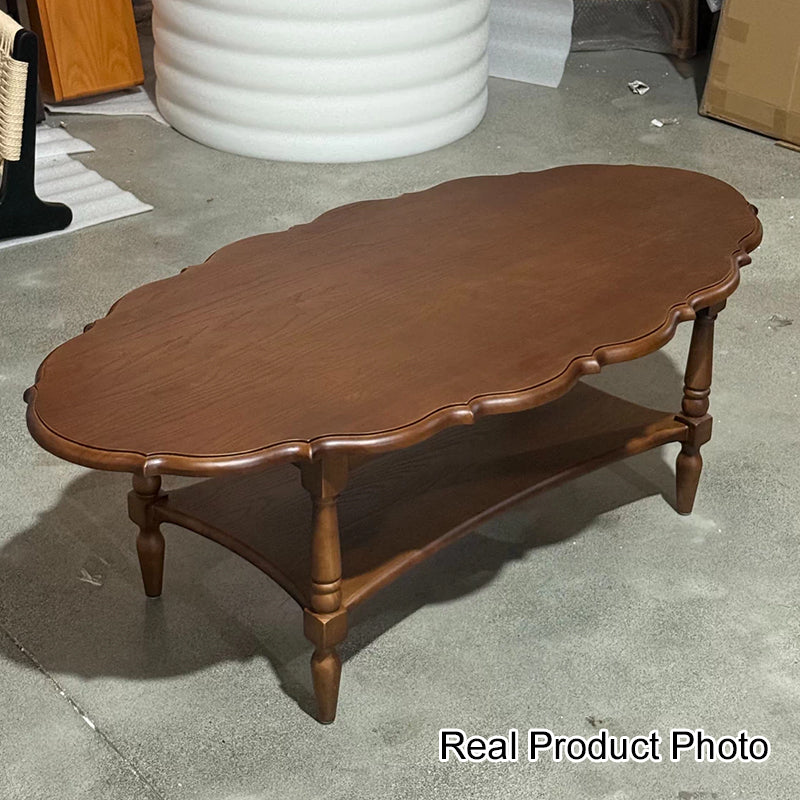 Mesa de café ovalada de borde irregular tradicional francesa de madera maciza de caucho de 2 niveles para sala de estar 