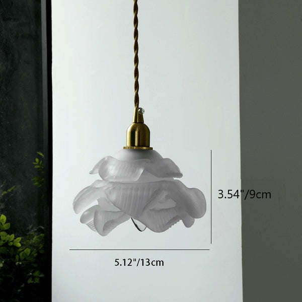 Suspension en cuivre à 1 lumière avec abat-jour en verre en forme de pétale de fleur traditionnelle française pour le salon 