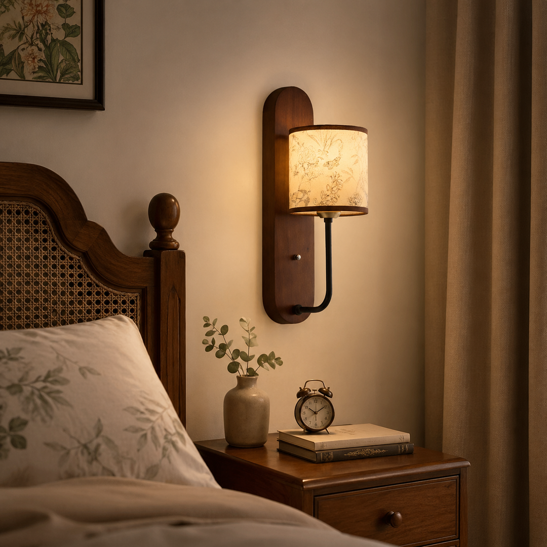 Lámpara de pared tipo aplique de 1 luz con pantalla cilíndrica de tela, metal y caucho de madera, estilo retro contemporáneo, para dormitorio 