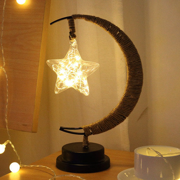 Moderne dekorative Mondkugel Sterne Eisen Kunststoff Rattan Batterie USB Tischlampe 