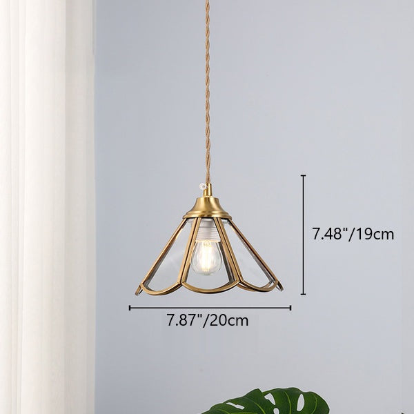 Traditional Vintage Petal Cone Glass Copper 1-Light Pendant Light for Living Room