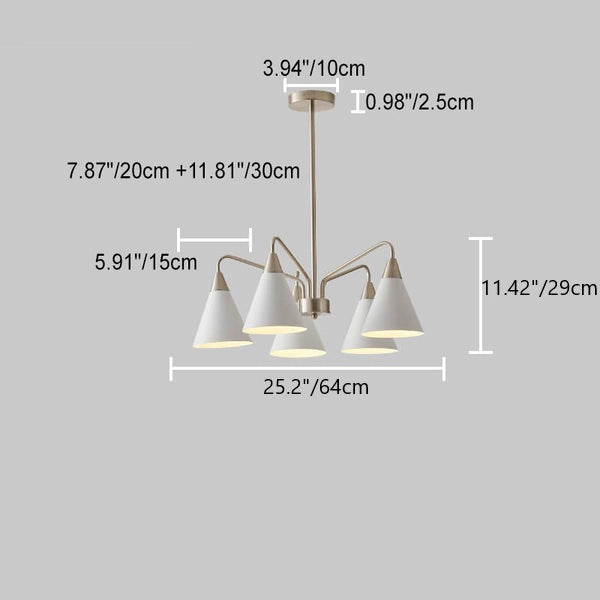 Modern Minimalist Cone Shade Sand Nickel Branch Iron 3/5 Light Chandelier for Living Room