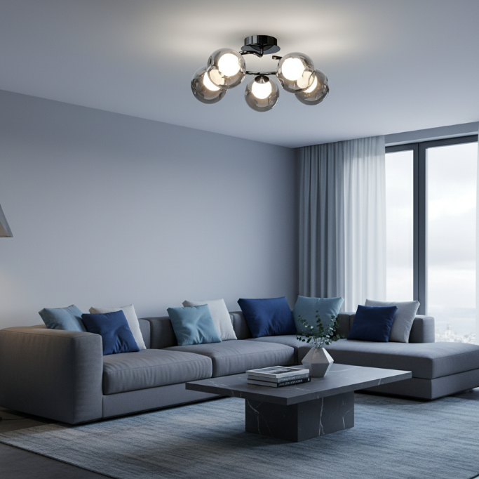 Modern Mid-Century Round Electroplated Glass Stainless Steel Carbon Steel 5-Light Semi-Flush Mount Ceiling Light For Living Room