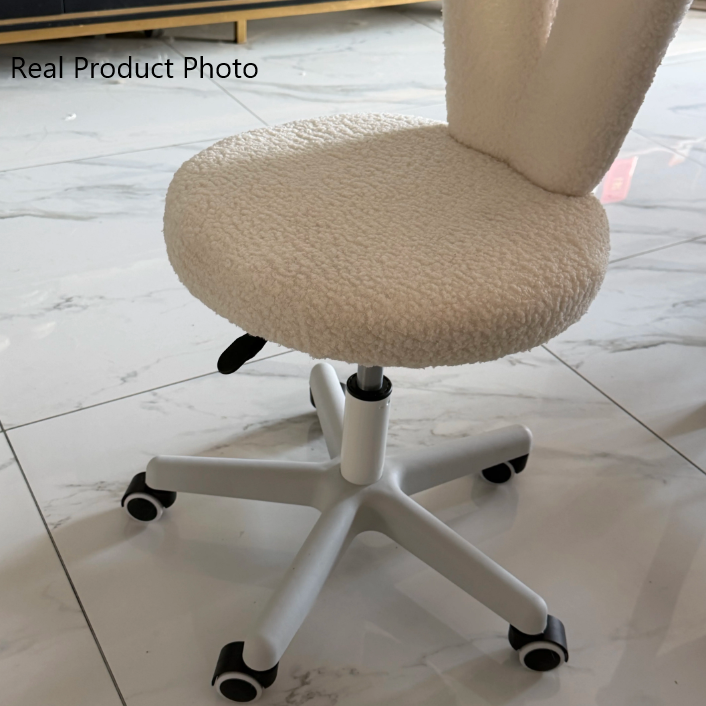 Taburete de tocador con respaldo en forma de conejo redondo, creativo y contemporáneo, de tela sherpa y estructura metálica, para dormitorio 